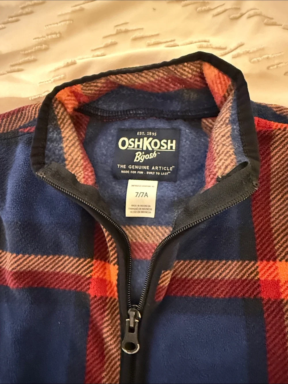 OshKosh B'gosh Navy Plaid Fleece Jacket with Red and Orange Accents